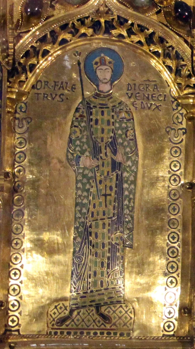 A gold and cloisonne enamel panel from an altarpiece: a haloed, crowned figure in a jeweled green-and-gold robe holds a staff, flanked by Latin lettering reading '...FALE TRVS... DIGRA VENECI E DVX.'