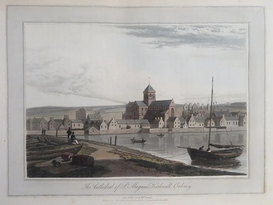 1821 hand-colored aquatint of St Magnus Cathedral's tower rising over Kirkwall's rooftops, viewed across the harbor with boats and figures on shore, captioned 'The Cathedral of St Magnus, Kirkwall, Orkney.'