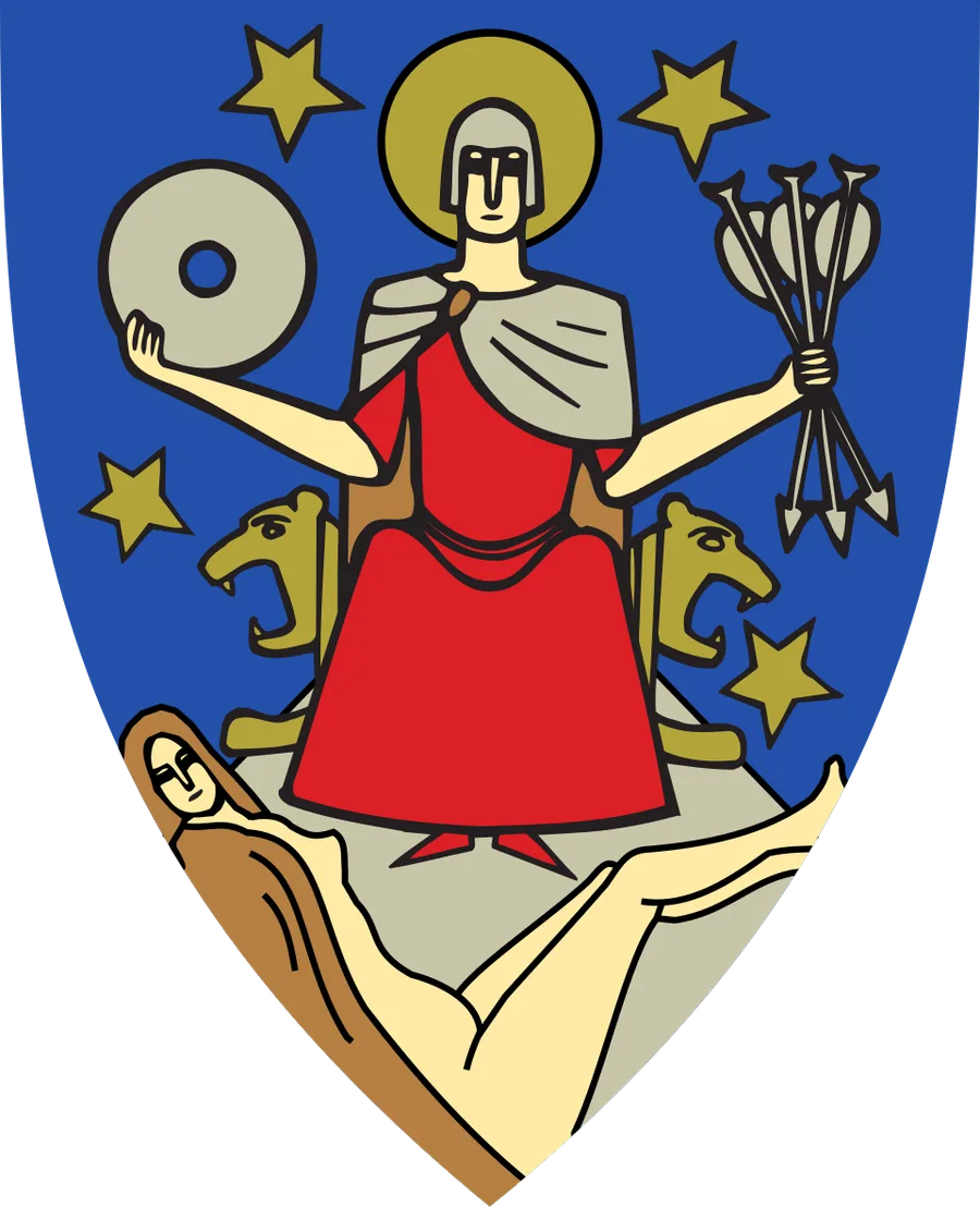 The official Oslo shield: a haloed saint stands in a red robe with a silver mantle and red cap, holding a white millstone and a bundle of arrows, flanked by gold lions, with a small robed figure lying at the shield's base.