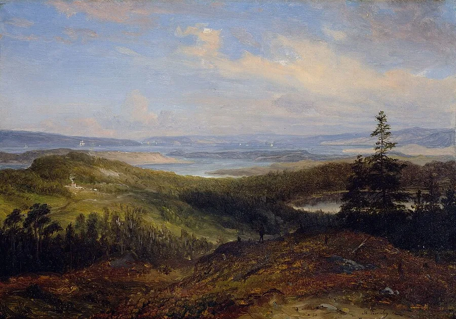 Thomas Fearnley's 1839 Utsikt over Oslofjorden — the fjord lying silver beyond wooded ridges and a lone spruce, sails small on the far water.