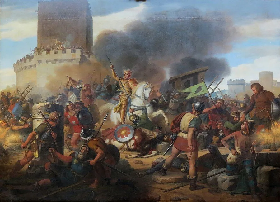 Oil painting of a chaotic battle beneath a massive stone tower: a gold-clad leader on a rearing white horse raises his sword above struggling warriors, black smoke rolling over the walls of Paris behind.