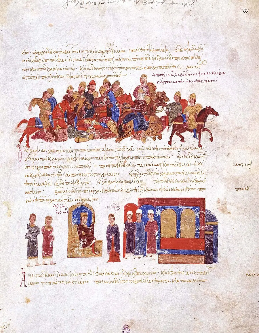A parchment folio from the illuminated Madrid Skylitzes chronicle, Greek text above and below, with a miniature of armored horsemen in conical helmets clashing with swords and lances, and a second miniature below showing seated Byzantine courtiers in a columned hall.