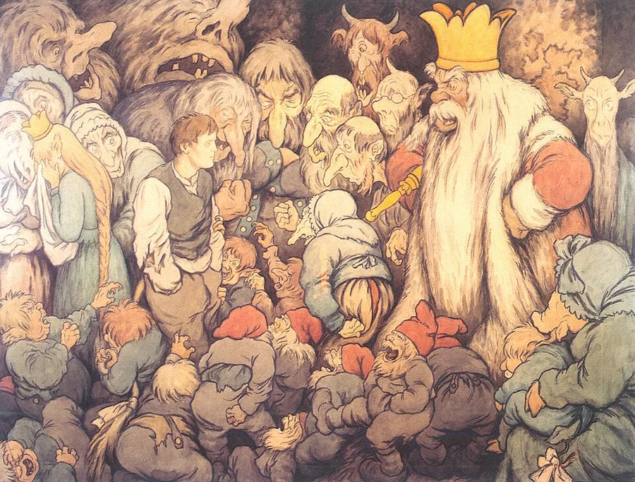 Kittelsen illustration of a crowded troll-court scene inside a mountain hall: a golden-crowned, white-bearded Mountain King and dozens of grotesque trolls surrounding a young man in a vest and shirtsleeves.