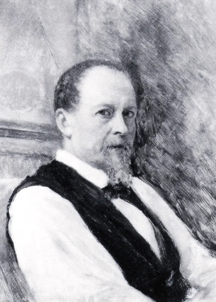 Portrait of Peter Nicolai Arbo — balding, full-bearded, in a dark vest over a white shirt and bow tie, turned three-quarter toward the viewer with a level gaze.
