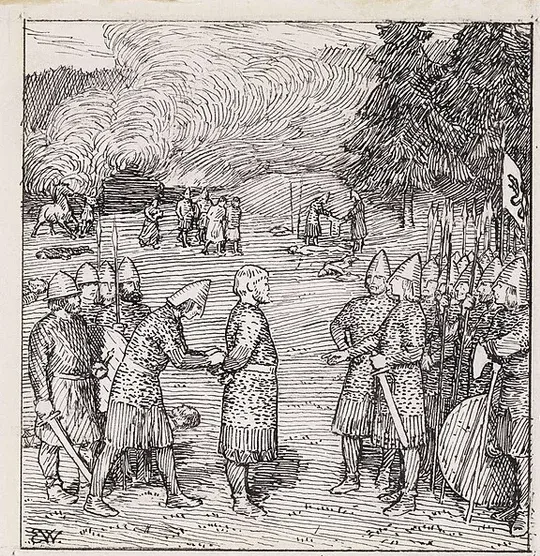 Erik Werenskiold's 1899 Heimskringla drawing of the captured petty king Gryting led bound before King Harald, a farm burning across the field behind the spearmen.