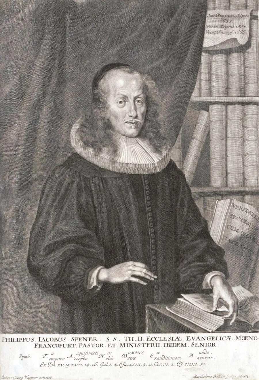 Engraved half-length portrait of Philipp Jacob Spener in a clerical robe and ruff collar, long curling hair thinning at the crown, one hand resting on an open book, a curtain and bookshelf behind him, captioned with his name and titles in Latin.