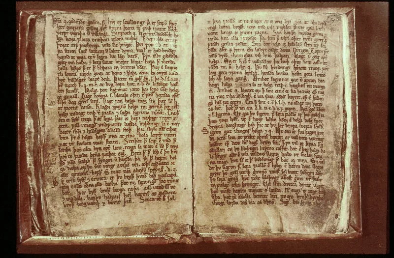 The Codex Regius manuscript of the Poetic Edda open on its dark vellum — dense thirteenth-century Icelandic script across two facing pages.