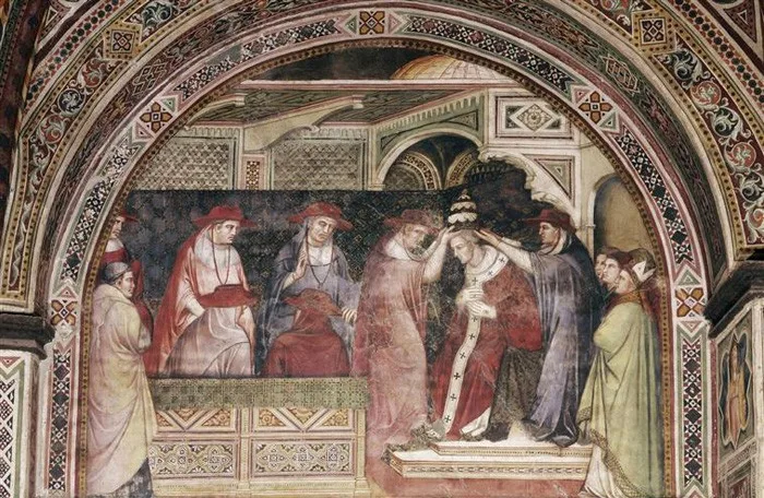 Fresco showing the coronation of Pope Alexander III: a red-robed cardinal places the papal tiara on the enthroned pope's head while other cardinals and attendants look on, framed within an elaborately patterned painted archway.
