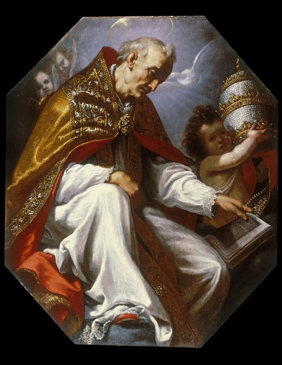 Baroque octagonal painting of Pope Gregory the Great in gold-and-red papal vestments over a white alb, seated with an open book, a dove hovering by his head and a winged cherub lifting his tiered papal tiara.