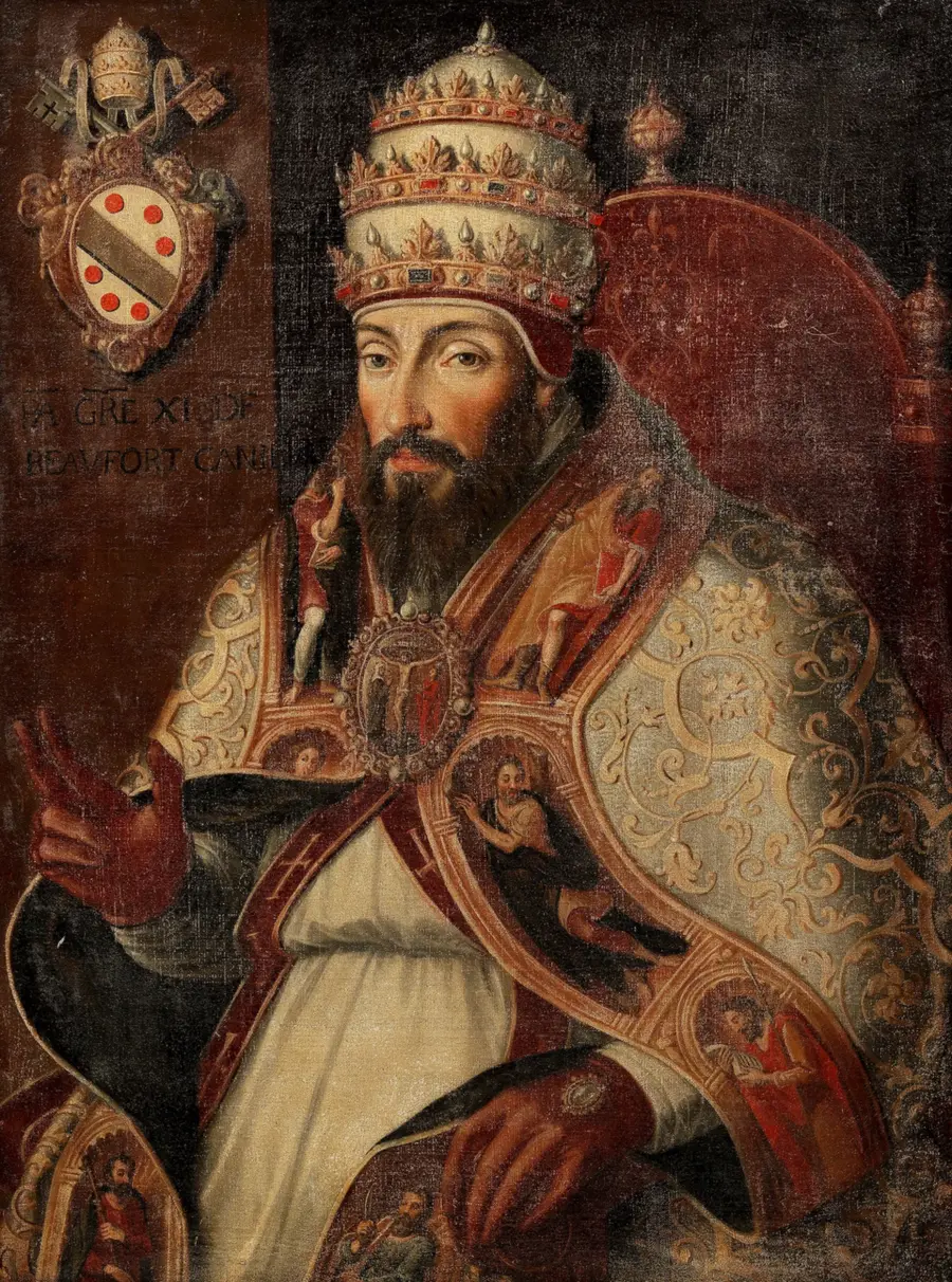 Painted portrait of Pope Gregory XI enthroned in a three-tiered papal tiara and gold-embroidered vestments, right hand raised, his coat of arms and an inscription naming him at upper left.