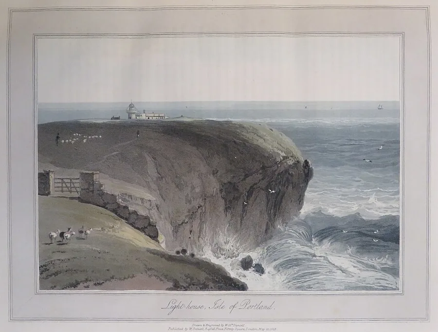 Hand-coloured 1825 aquatint titled 'Light-house, Isle of Portland': waves break against the headland's sheer cliff at right while sheep graze the clifftop near the lighthouse, gulls wheel over the surf, and sails dot the horizon.