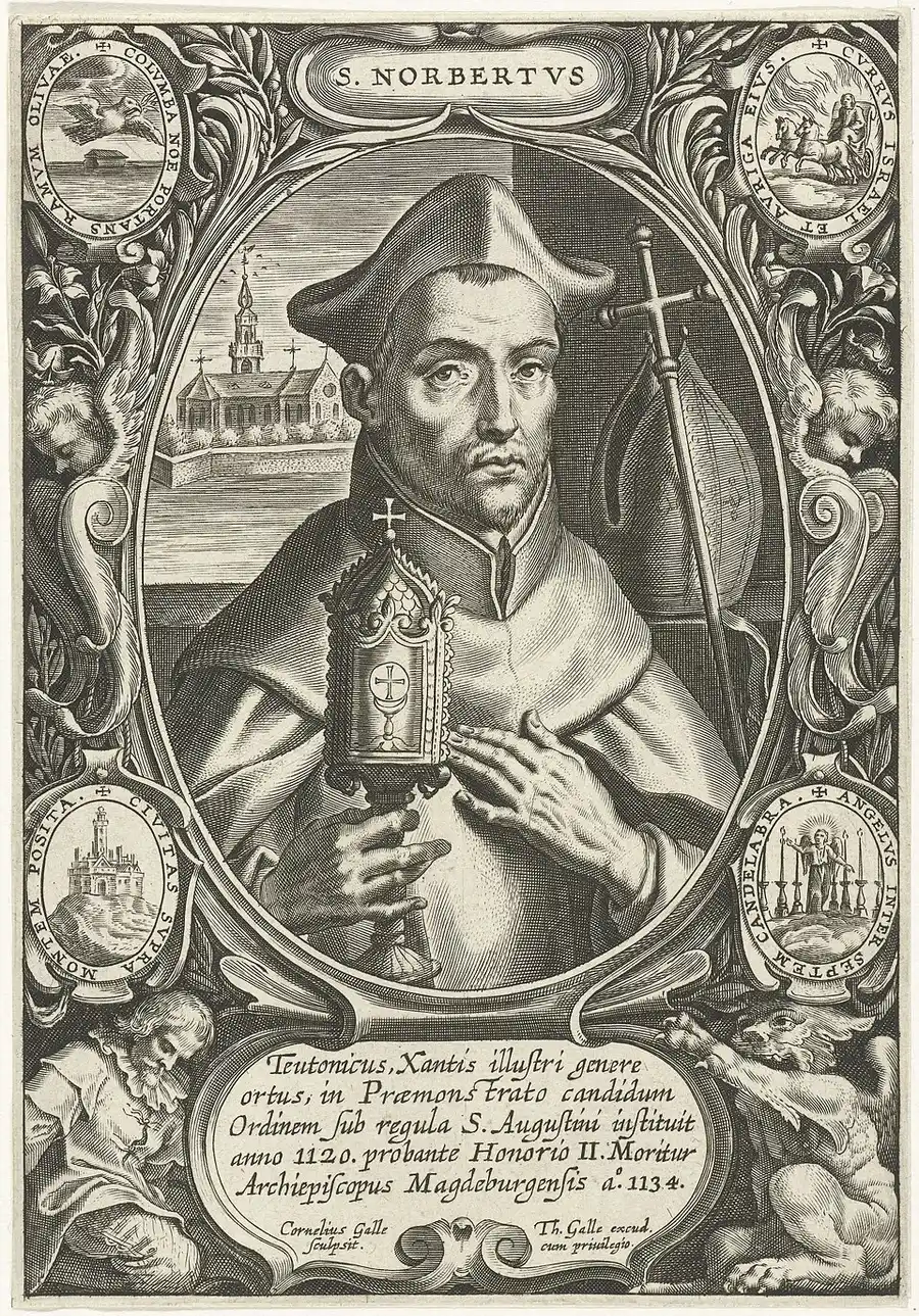 Monochrome engraving of Saint Norbert of Xanten in a bishop's mitre and vestments within an ornate oval frame, holding a monstrance with a crozier behind him, small roundel scenes and a distant abbey church in the border.