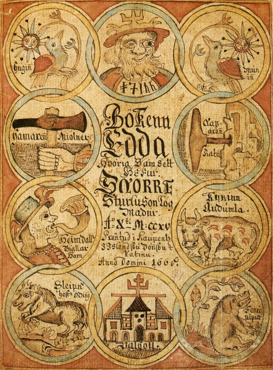 The 1760 title page of an Icelandic Prose Edda manuscript — naive ink medallions of Odin, the hammer Mjölnir, Heimdall with his horn, Sleipnir, and Fenrir ringing the hand-lettered title.