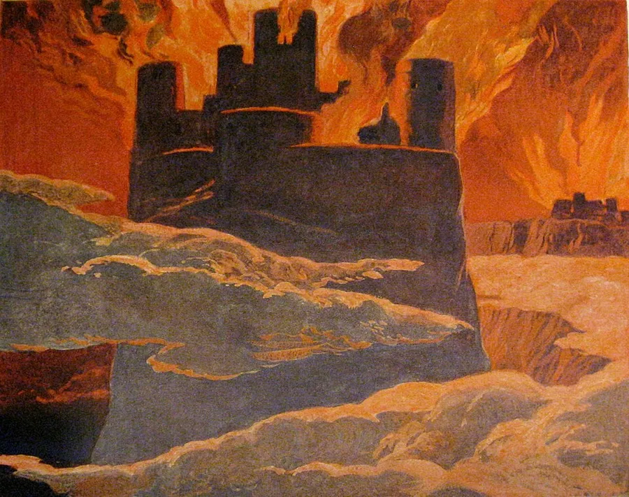 Emil Doepler's Ragnarök plate (c. 1905) — the world-fire: a dark stronghold engulfed in flame above rolling banks of smoke and cloud.