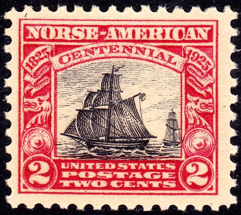 1925 US postage stamp in red and black: a single-masted sailing sloop under full canvas on open water, framed by a ribbon reading 'Norse-American Centennial 1825-1925,' with '2 United States Postage Two Cents' below.