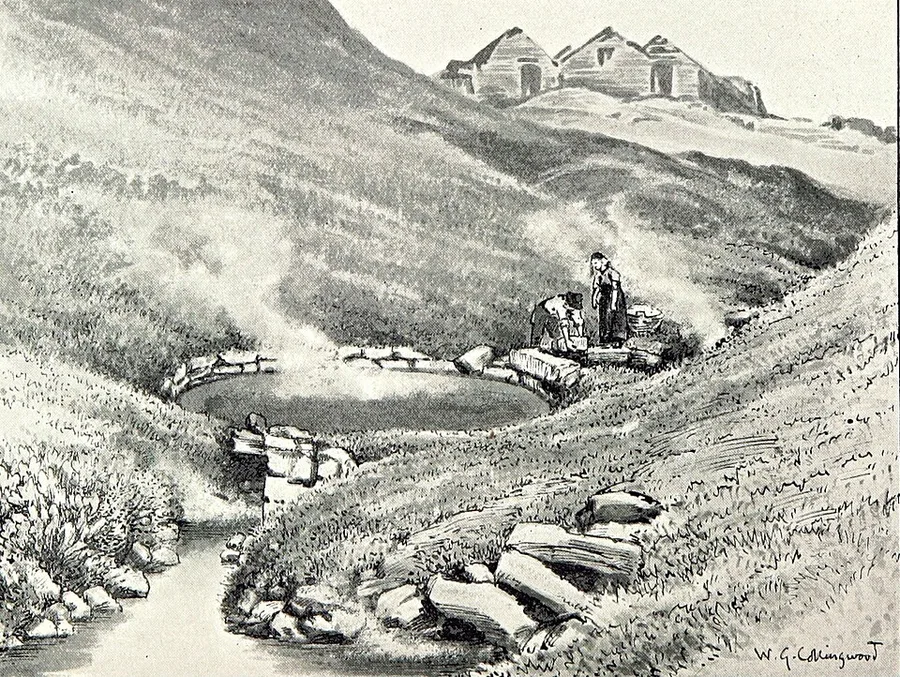 An 1899 pen-and-wash illustration of Snorralaug, the round stone-lined steaming pool at Reykholt, with two figures in Icelandic dress standing beside it and turf-roofed farm buildings on the hillside above.