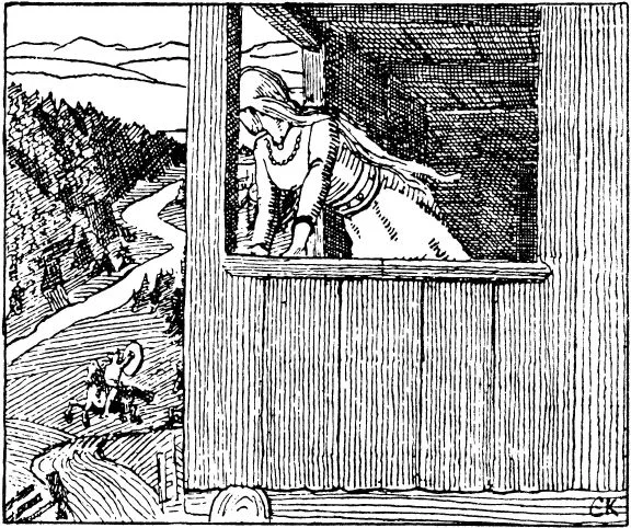 Christian Krohg's 1899 Heimskringla drawing of Gyda at the loft door, watching Harald's messengers ride away — the refusal that set off the vow to gather Norway under one king.