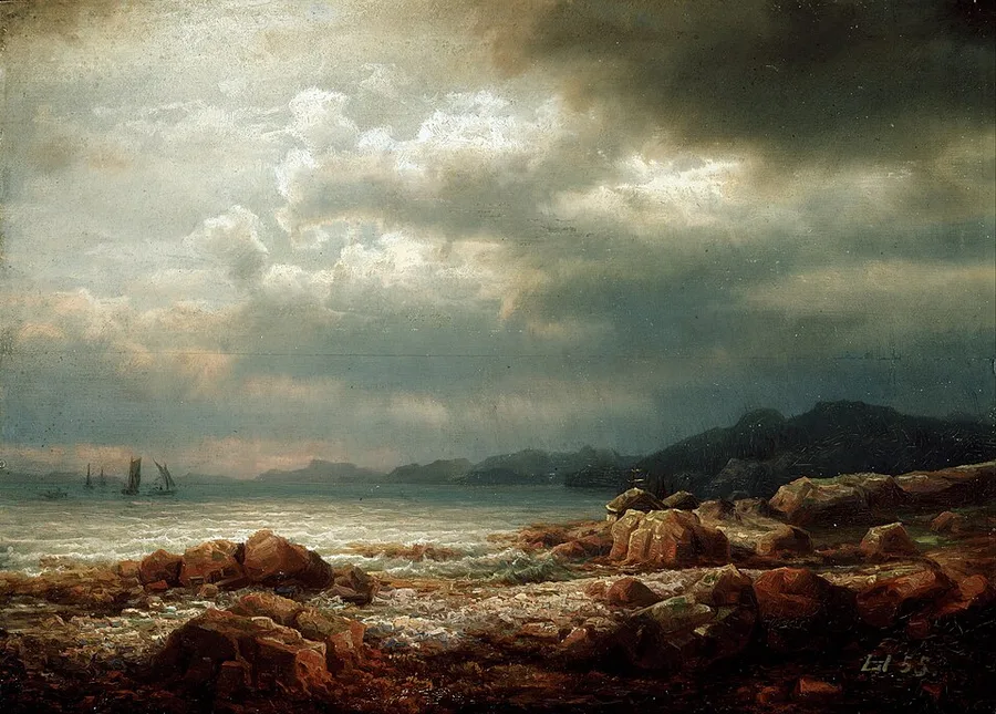Lars Hertervig's 1855 coastal landscape — storm light breaking over the rocky Ryfylke shore of his native Rogaland, sails on the grey water beyond the surf.
