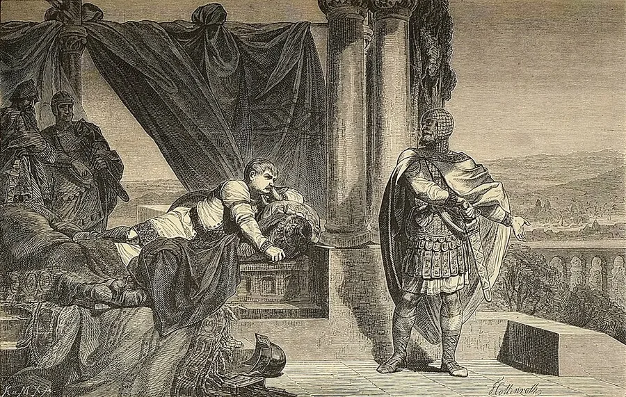 Engraving of Rollo before Charles the Fat at Paris: the emperor slumps on a curtained couch among armed courtiers while the Norse chieftain stands in scale armor and mail hood, sword at his side, a helmet on the floor and a hazy river city beyond the terrace balustrade.