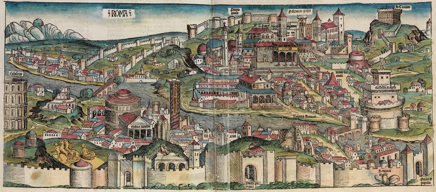Hand-colored woodcut panorama of medieval Rome labeled 'ROMA,' showing densely packed towered buildings, city walls, the Tiber, and domed and turreted structures in the generic fortified-city style of the Nuremberg Chronicle.