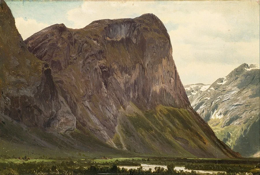 Johan Fredrik Eckersberg's 1857 painting from Horgheim in Romsdal — the sheer valley wall rising straight from the flat floor of Romsdalen, the Rauma winding below.