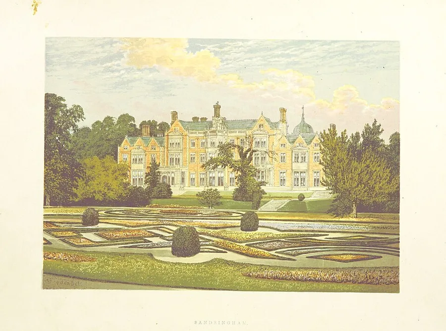 Color illustration of a large Victorian country house with turrets and patterned brickwork, seen across formal parterre gardens with clipped topiary — Sandringham House in Norfolk, 1879.