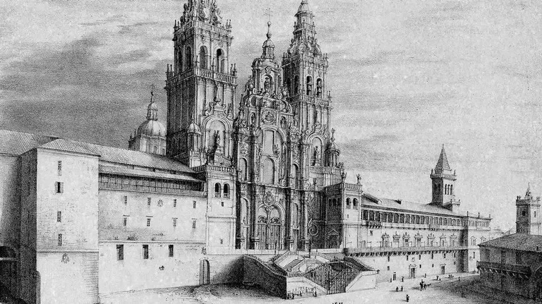 1838 lithograph of Santiago de Compostela cathedral seen from the Praza do Obradoiro: the twin Baroque towers and ornate west front rise over the grand double staircase, with small figures crossing the square below.