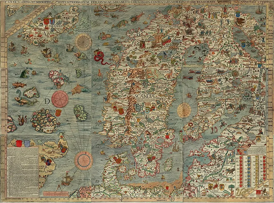 Olaus Magnus's Carta Marina of 1539 — the great early wall map of the Nordic lands, Scandinavia drawn as a vast near-island crowded with mountains and place-names, sea monsters filling the waters.