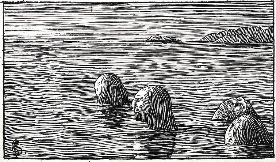 Black-and-white ink illustration of several men's heads barely above the surface of the open sea, hair slicked down, with a rocky skerry and distant hills on the horizon — the seiðmenn of Skratteskjær trapped by the rising tide.