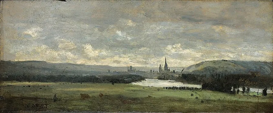 Corot's panoramic oil under a grey clouded sky: flat green meadows in the foreground, the Seine curving away as a band of silver light at right, wooded hills beyond, and the spires of Rouen small on the distant horizon.