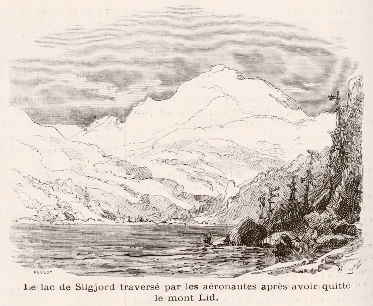 An 1873 wood engraving of lake Seljordsvatnet beneath the snow-streaked mass of Lifjell — dark lake water in the foreground, a small white church on the far shore, spruce and rocky shoreline at the right edge of the frame.