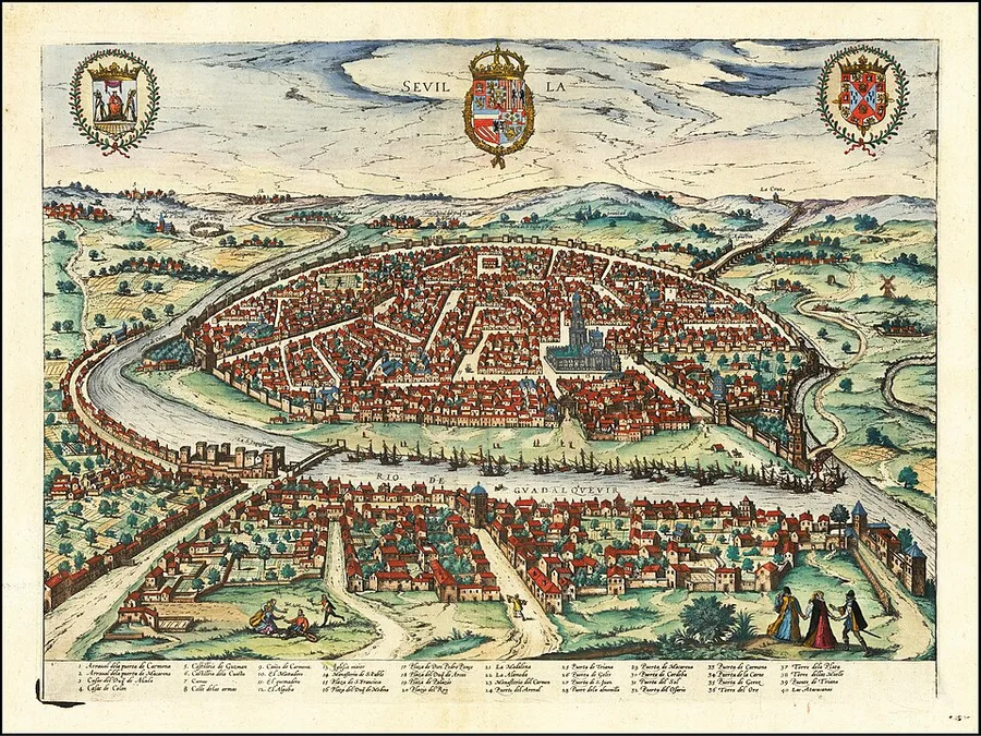 A hand-colored bird's-eye map labeled 'SEVILLA' beneath a royal coat of arms, showing the walled medieval city along a bend of the Guadalquivir river with ships, orchards, and surrounding hills.