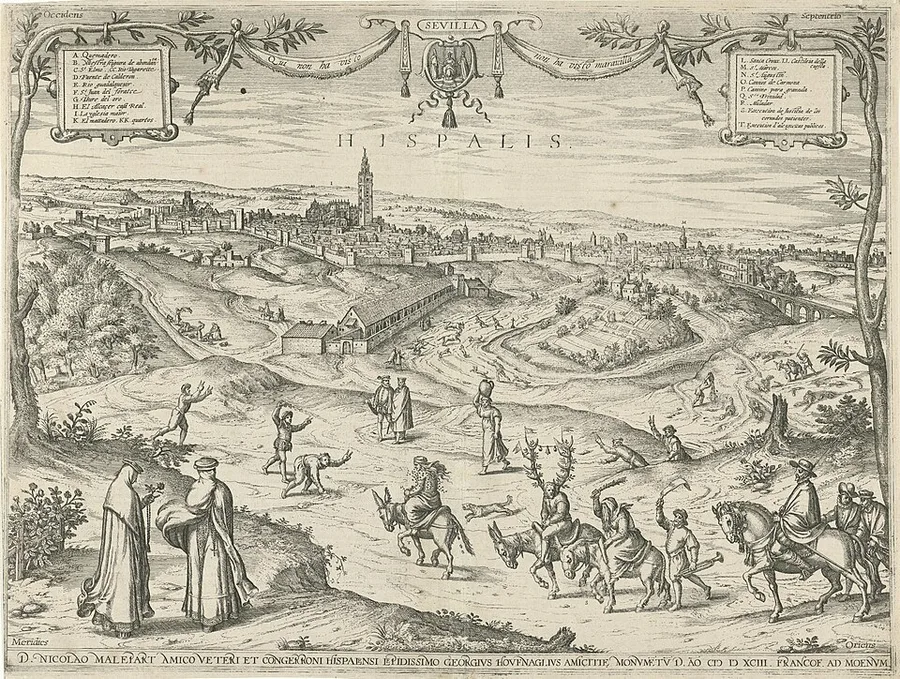 A 1593 engraved panorama titled SEVILLA with HISPALIS lettered in the sky: the walled city and Giralda tower in the middle distance, robed figures and a procession of donkey-riders — one wearing antlers — in the foreground, and legend cartouches hung from ornamental branches.