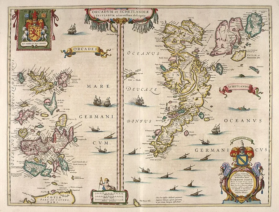 A hand-coloured 1654 map by Joan Blaeu showing Orkney (left, labelled Orcades) and Shetland (right, labelled Schetlandia), each with decorative title cartouches, coats of arms in the corners, and small sailing ships dotting the surrounding seas.