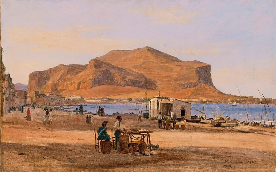 Rørbye's 1840 painting of Palermo's harbor shore: a fruit stall and strolling figures on pale sand, a white boat shed, moored sailing craft along the marina — and the tawny mass of Monte Pellegrino rising across the bay.