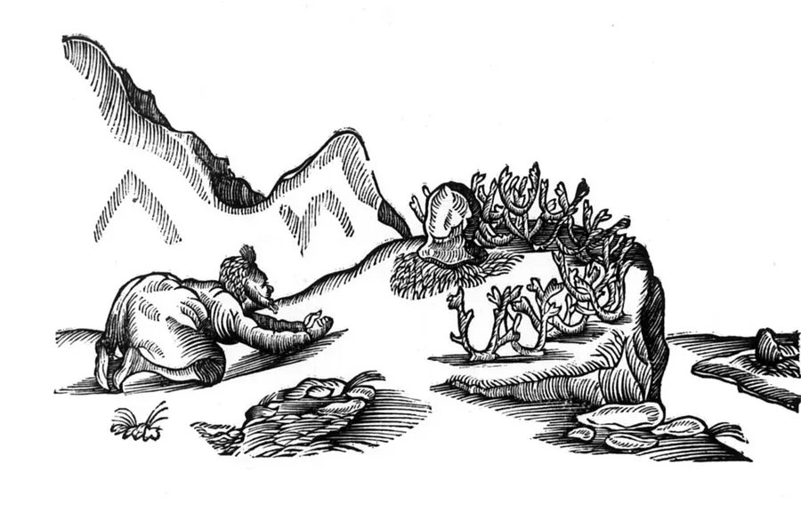 An engraving from Schefferus's Lapponia (1673) of worship at a sieidi — a figure prostrated before the sacred stones, reindeer antlers heaped as offerings beside them.