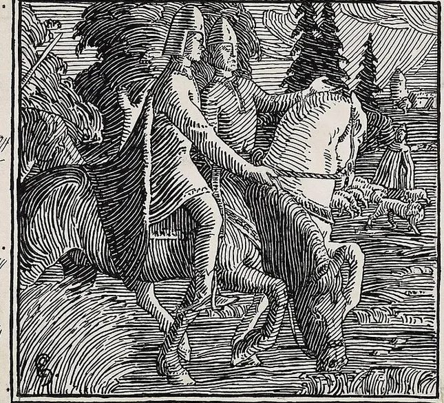 Black-and-white woodcut-style illustration of two riders in conical helmets on horseback riding through a forest toward a walled town with a tower in the distance; a third rider follows behind and dogs run alongside the horses.