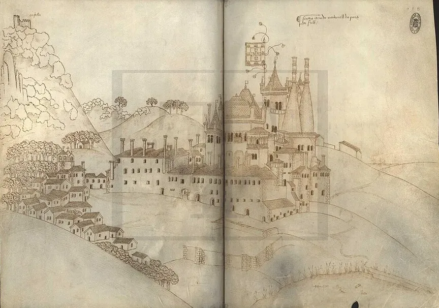 Ink drawing across a manuscript double-page spread showing a walled hill town and turreted fortress rising above wooded slopes, with a ruined tower on a rocky outcrop to the left.