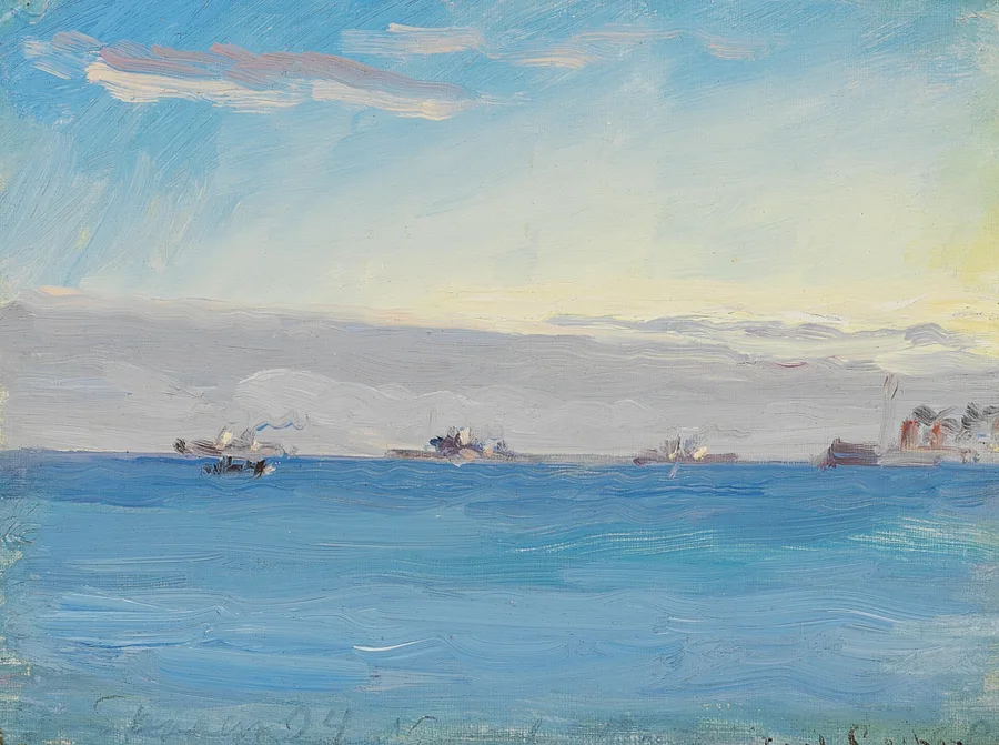 Carl Locher's 1894 oil sketch of the open Skagerrak off Skagen — blue water to the horizon, distant steamers trailing smoke along the sea lane.