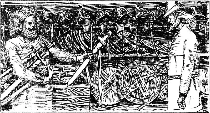 Bold woodcut-style illustration from the 1899 Heimskringla: King Olav, long-haired and bearded, holds out a sword hilt-up to the skald Sigvat, who stands at right in a hat and long tunic; behind them rise curved ship timbers and two large round ornamented shields.