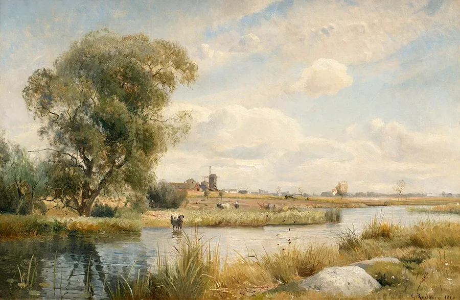 Gustaf Rydberg's 1890 oil of the Scanian plain in summer — a river winding through flat farmland, a great willow on the bank, a cow wading at the reeds, and a windmill and farmstead on the low horizon under a wide, cloud-broken sky.