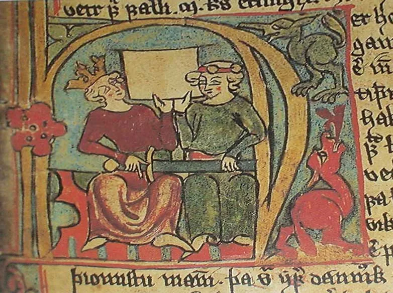 Flateyjarbók manuscript miniature: two crowned, robed men seated side by side inside a decorated initial letter, hands together on a sword hilt, dragon-like beasts framing the scene.