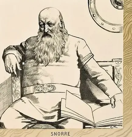 Christian Krohg's Snorri Sturluson from the 1899 folk edition of Heimskringla — the historian seated with a great open book across his knees.