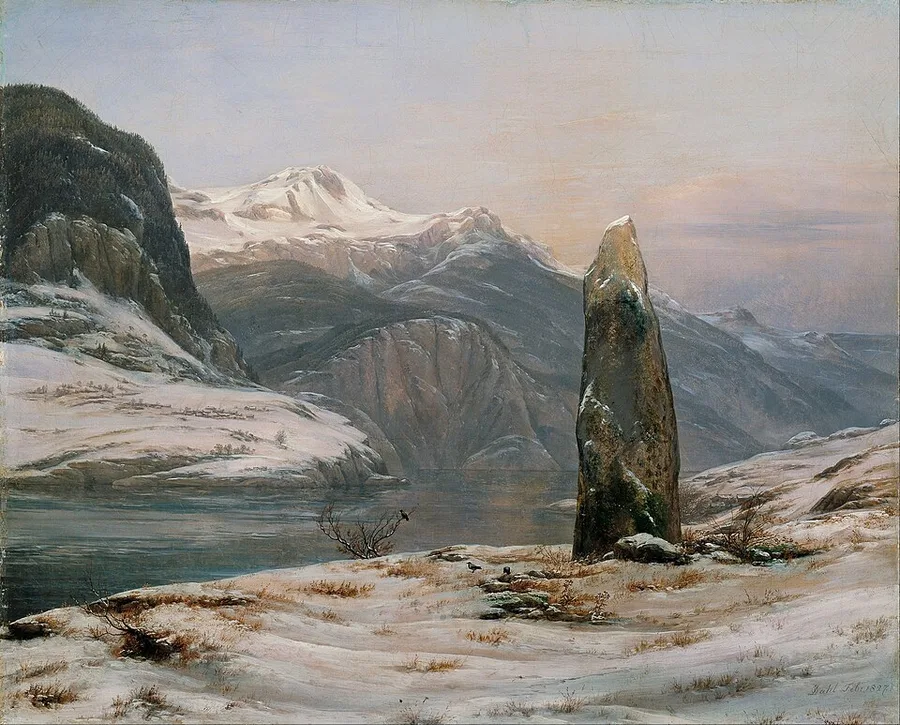 J.C. Dahl's Vinter ved Sognefjorden (1827) — a snow-bound shore with an ancient standing stone, the still winter fjord and pale mountains stretching away behind.