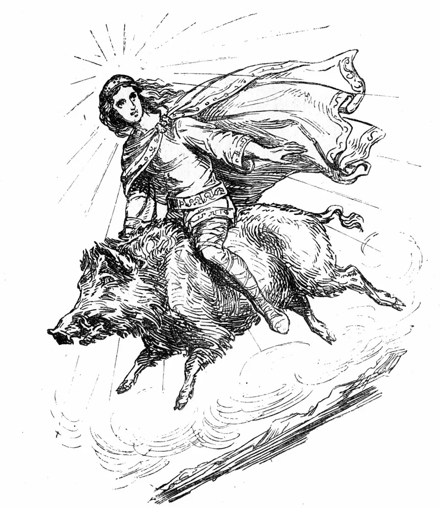 Pen-and-ink engraving of a young figure with flowing hair and a billowing cloak, haloed with radiating light, riding a bristling wild boar through swirling clouds — the god Freyr astride his golden boar Gullinbursti.