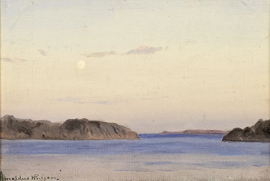Amaldus Nielsen's oil painting of the skerries at Ny-Hellesund: low bare rock islets under a pale dusk sky with a rising moon, calm blue-violet water in the foreground.