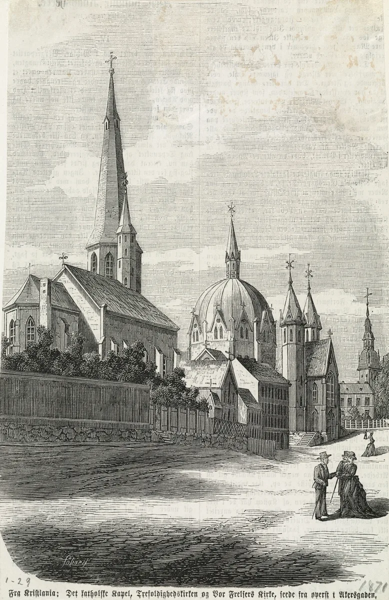 1871 wood engraving of St. Olav's Catholic Church in Kristiania, its tall spire beside the domed Trinity Church next door, with two figures in period dress walking the street below.