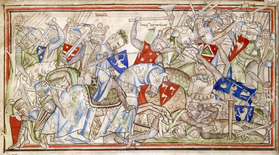 13th-century illuminated manuscript battle scene: mounted and armored knights in a chaotic mass of raised swords, painted shields, and rearing horses fight hand-to-hand within a red-and-blue decorative border, the name 'Harold' inscribed above one figure.