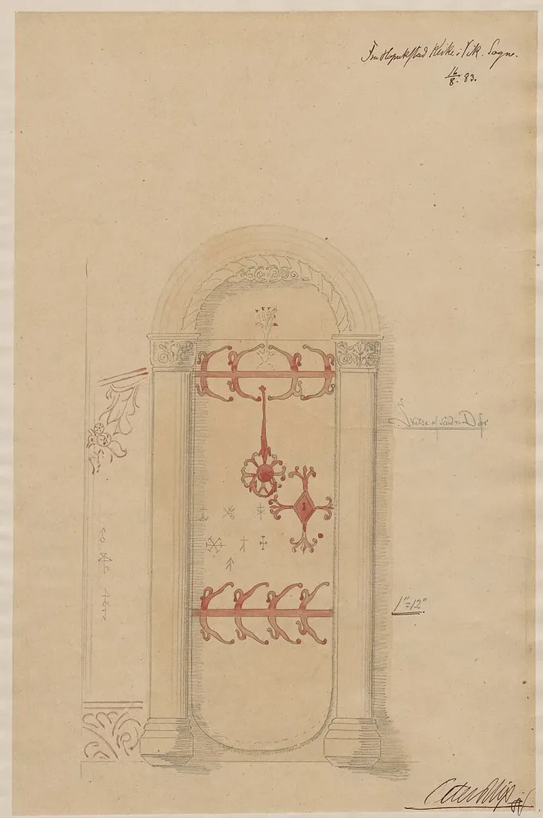 An 1883 pencil-and-watercolor elevation of Hopperstad Stave Church's south portal, showing the arched carved doorway with red-painted ironwork fittings and rosette, flanking carved corner posts, and faint runic-like marginal marks on aged sketchbook paper.