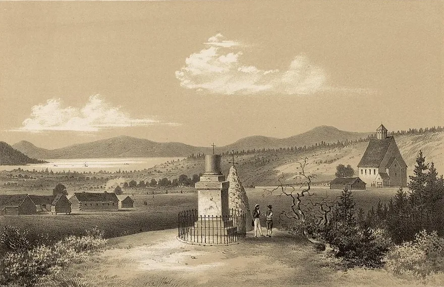 Mid-19th-century engraved landscape of Stiklestad: an obelisk memorial to Saint Olav enclosed by an iron fence in open countryside, with the parish church, farms, and a lake visible beyond.